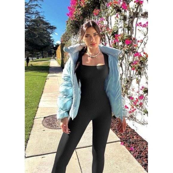 OQQ Medium Black Bodysuit Stretch Slimming Ribbed Square Neck Jumpsuit One Piece - Picture 3 of 8